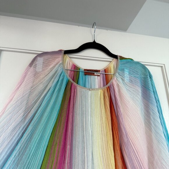 Missoni Knit Kaftan Dress Beach Cover-Up Rainbow Striped Plisse Round Neck Small - Picture 2 of 9